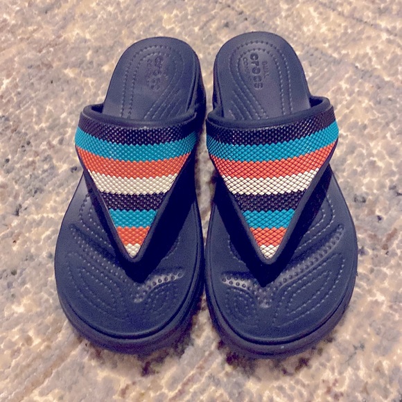 CROCS Shoes Crocs Monterey Bead Strap Navy Wedge Flip Womens Size 6